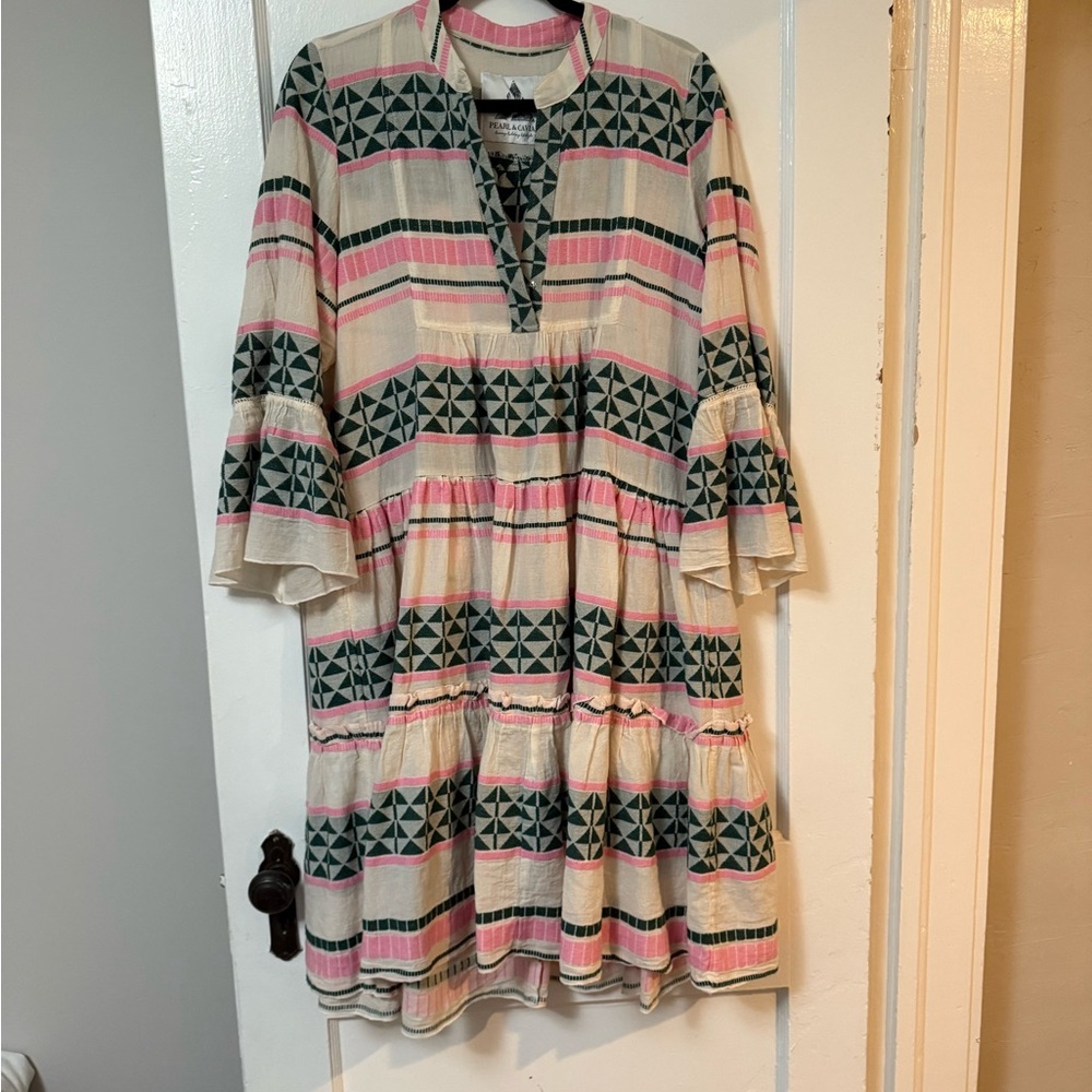 Pink and Black Mini Sundress with Bell Sleeves and Mandarin Collar